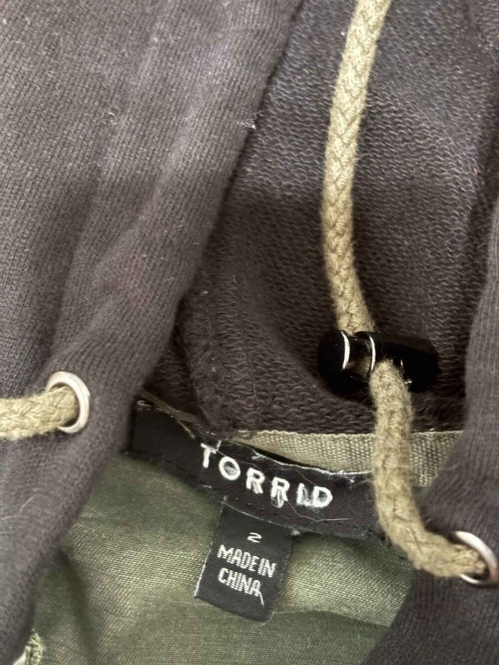 Torrid Womens Utility Jacket Plus Sz 2X Army Green w/ Black Hooded & Knit Arms - Picture 5 of 8
